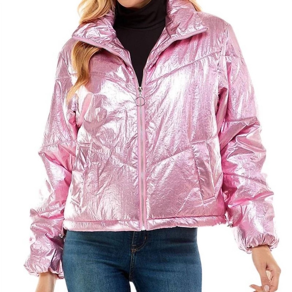 TCEC Pink Metallic Puffer Zip Up Jacket - Size S